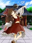  1girl bow brown_eyes brown_hair detached_sleeves gohei hair_bow hair_tubes hakurei_reimu hakurei_shrine japanese_clothes long_hair looking_at_viewer miko nontraditional_miko ofuda outdoors outstretched_arms red_bow ribbon-trimmed_sleeves ribbon_trim shrine shuucream_(syuichi) sidelocks sketch solo talisman touhou wide_sleeves yellow_neckwear 