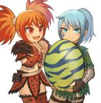  2girls :d anjanath_(armor) black_gloves blue_eyes blue_hair bracer commentary commission egg english_commentary facial_mark fingerless_gloves fur_collar fur_trim gloves heart highres holding holding_egg looking_at_another looking_at_viewer monster_hunter_(series) monster_hunter_stories_2 multiple_girls open_mouth orange_hair oversized_object pixiv_request ponytail pouch pukei-pukei_(armor) red_eyes simple_background smile sookmo thigh_strap thighhighs twintails white_background wrist_wrap 