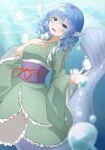  1girl :d bangs blue_background blue_eyes blue_hair bubble drill_hair drill_locks eyebrows_visible_through_hair frilled_kimono frills green_kimono hand_on_own_chest head_fins highres japanese_clothes kimono long_sleeves looking_at_viewer mermaid monster_girl open_mouth purple_sash sash sefushi short_hair smile touhou wakasagihime water 