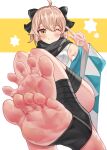  1girl :q absurdres barefoot black_scarf fate/grand_order fate_(series) feet foot_focus foreshortening he_c92 highres japanese_clothes kimono looking_at_viewer md5_mismatch no_shoes okita_souji_(fate) okita_souji_(fate)_(all) one_eye_closed scarf shinsengumi short_kimono sitting sleeveless sleeveless_kimono smile soles solo spread_toes toenails toes tongue tongue_out v 