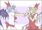  2girls :d ^_^ ascot back_bow back_cutout bat_wings blonde_hair blue_hair bow bowed_wings closed_eyes clothing_cutout collared_shirt commentary_request cowboy_shot dress eyebrows_visible_through_hair flandre_scarlet hair_between_eyes hat hat_bow hat_ribbon index_finger_raised kenuu_(kenny) koi_dance looking_at_another mob_cap multiple_girls open_mouth purple_background red_bow red_eyes red_neckwear red_ribbon red_shirt red_vest remilia_scarlet ribbon shirt short_hair short_sleeves siblings side_ponytail sideways_mouth simple_background sisters skirt skirt_set smile sweatdrop symmetrical_hand_pose touhou two-tone_background vest white_background white_dress white_shirt wings wrist_cuffs yellow_neckwear 