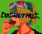  1girl aqua_nails bead_necklace beads collarbone commentary_request covered_eyes crying dated donut_hole_(vocaloid) doughnut eating english_text eyebrows food food_in_mouth goggles goggles_on_head green_background green_hair green_shirt gumi hand_up highres holding holding_food jewelry mago_oowarawa nail_polish necklace portrait shirt short_hair signature simple_background solo upper_teeth vocaloid 