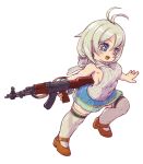  1girl ak-47 assault_rifle back_bow bangs blonde_hair blue_eyes blue_skirt blush bow breasts brown_footwear clothing_request commentary_request dennou_shoujo_youtuber_siro dot_nose eyebrows_visible_through_hair feral_lemma finger_on_trigger from_side full_body gun hair_between_eyes highres holding holding_gun holding_weapon kalashnikov_rifle looking_at_viewer looking_to_the_side magazine_(weapon) medium_hair open_mouth outstretched_arms rifle shoes sideboob simple_background siro_(dennou_shoujo_youtuber_siro) skipping skirt sleeveless solo tareme thighhighs virtual_youtuber weapon white_background 