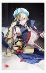  1boy arabian_clothes blonde_hair book crown earrings fate/grand_order fate_(series) food fruit gilgamesh_(caster)_(fate) gilgamesh_(fate) gloves gold highres jewelry looking_at_viewer male_focus necklace pillow red_eyes serious sitting sleepless_(wrysmile) solo strawberry tea teapot 