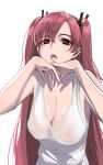  1girl bare_arms bare_shoulders breasts cleavage covered_nipples fangs gou_d head_rest highres large_breasts looking_at_viewer open_mouth original red_hair ringed_eyes shirt simple_background sleeveless sleeveless_shirt solo twintails upper_body white_background white_shirt 