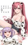  2021 2girls :d absurdres animal_ears animal_print arm_support black_shorts blush bra_strap breasts cleavage cow_ears cow_horns cow_print denim denim_shorts earrings eyebrows_visible_through_hair fake_animal_ears fake_horns glint gou_d hairband happy_new_year highres horns jewelry large_breasts long_hair looking_at_viewer lying medium_breasts medium_hair micro_shorts multiple_girls new_year off-shoulder_sweater off_shoulder on_back open_mouth original purple_hair red_eyes red_hair sharp_teeth shorts simple_background single_earring sleeves_past_wrists smile sweater teeth turtleneck turtleneck_sweater twintails two_side_up upper_teeth v very_long_hair white_background white_sweater 