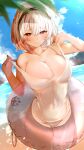  1girl azur_lane bangs bare_arms bare_shoulders beach black_hairband blurry blurry_foreground blush breasts cleavage closed_mouth cloud collarbone commentary_request covered_navel cowboy_shot day eyebrows_visible_through_hair groin hair_between_eyes hairband hands_up highres innertube large_breasts lifted_by_self light_particles looking_at_viewer medium_hair ocean one-piece_swimsuit outdoors palm_leaf raised_eyebrows raru_(nanaharararu) red_eyes school_swimsuit sirius_(azur_lane) solo standing strap_lift swimsuit thigh_gap thighhighs transparent two-tone_hairband water white_hair white_hairband white_legwear white_swimsuit 