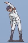  1boy arm_up armband bangs black_footwear black_hair blue_background boots buttons closed_mouth commentary_request danganronpa:_trigger_happy_havoc danganronpa_(series) frown full_body gakuran ishimaru_kiyotaka jacket knee_boots leaning_to_the_side looking_at_viewer male_focus military military_uniform namu_(nurui_cha) pants red_armband school_uniform short_hair simple_background solo stretch uniform white_jacket white_pants 