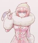  1girl :q andou_ruruka bangs blush_stickers bow breasts commentary_request danganronpa_(series) danganronpa_3_(anime) fur-trimmed_jacket fur_trim grey_background grey_eyes hat holding holding_mask jacket large_breasts long_sleeves looking_at_viewer mask mask_removed mouth_mask namu_(nurui_cha) pink_hair pink_jacket shiny shiny_hair short_hair simple_background smile solo tongue tongue_out upper_body white_bow 