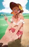  1girl :d bangs bare_shoulders blonde_hair blue_eyes blue_sky boots cloud fang hat haystack highres looking_at_viewer medium_hair midriff open_mouth original outdoors ryusei_hashida shorts sky smile solo straw_hat tan tanlines v 