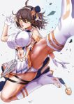  1girl :o ahoge araimooah arm_strap ass azur_lane baltimore_(azur_lane) baltimore_(muse)_(azur_lane) bangs bare_shoulders boots bow braid breasts brown_hair center_frills center_opening character_print clothing_cutout commentary_request debris eyebrows_visible_through_hair floating floating_hair flying_kick foreshortening french_braid frills full_body gloves hair_between_eyes hand_up hat headset heart_buckle high_heel_boots high_heels idol kicking knee_boots large_breasts looking_at_viewer manjuu_(azur_lane) mini_hat miniskirt navel navel_cutout orange_bow outstretched_leg panties pantyshot partial_commentary pleated_skirt print_panties shirt short_hair sidelocks simple_background skindentation skirt sleeveless sleeveless_shirt solo stomach_cutout thigh_strap thigh_tattoo underboob underboob_cutout underwear white_background white_footwear white_gloves white_panties white_shirt white_skirt yellow_eyes 