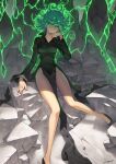  1girl absurdres bare_legs black_dress black_footwear breasts collared_dress commentary_request curly_hair dress floating_rock full_body glowing glowing_eyes green_eyes green_hair hichi highres knees_together_feet_apart long_dress long_legs one-punch_man pelvic_curtain pumps short_hair side_slit sitting small_breasts solo tatsumaki telekinesis thighs 