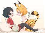  2girls all_fours animal_ears arm_support bangs black_eyes black_hair black_legwear blonde_hair bow bowtie chis_(js60216) closed_eyes commentary food from_side grey_shorts heart high-waist_skirt highres kaban_(kemono_friends) kemono_friends kneeling leaning_back leaning_forward legwear_under_shorts miniskirt motion_lines mouth_hold multiple_girls no_gloves no_shoes on_bed open_mouth pantyhose pillow pocky print_legwear print_neckwear print_skirt red_shirt serval_(kemono_friends) serval_print shirt short_hair short_sleeves shorts sitting skirt sleeveless sleeveless_shirt smile tail thighhighs translated white_shirt yellow_legwear yellow_neckwear yellow_skirt yuri 