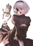  1boy 1girl absurdres black_blindfold black_dress black_hairband black_legwear blindfold blush cleavage_cutout clothing_cutout covered_eyes dress embarrassed feather-trimmed_sleeves hairband highres jolker juliet_sleeves long_sleeves mole mole_under_mouth nier_(series) nier_automata pod_(nier_automata) puffy_sleeves short_hair silver_hair simple_background smile thighhighs v white_background yorha_no._2_type_b yorha_no._9_type_s 