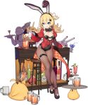  1girl abercrombie_(azur_lane) abercrombie_(mischief_on_the_rocks)_(azur_lane) animal_ears azur_lane bar_stool beer_mug bird black_legwear black_leotard black_neckwear blonde_hair blue_eyes bottle bow bowtie breasts chick chili_pepper cocktail_glass covered_navel cup drinking_glass fake_animal_ears grin hair_ornament highres holding holding_cup holding_tray jacket kinjo_kuromomo legs leotard long_hair manjuu_(azur_lane) meowfficer_(azur_lane) mug official_alternate_costume official_art panda pantyhose playboy_bunny rabbit_ears red_jacket small_breasts smile solo stool strapless strapless_leotard thigh_strap transparent_background tray x_hair_ornament 