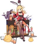  1girl abercrombie_(azur_lane) abercrombie_(mischief_on_the_rocks)_(azur_lane) animal_ears azur_lane bar_stool beer_mug bird black_legwear black_leotard black_neckwear blonde_hair blue_eyes bottle bow bowtie breasts chick chili_pepper cocktail_glass covered_navel cup drinking_glass fake_animal_ears grin hair_ornament highres holding holding_cup holding_tray jacket kinjo_kuromomo legs leotard long_hair manjuu_(azur_lane) meowfficer_(azur_lane) mug official_alternate_costume official_art panda pantyhose playboy_bunny rabbit_ears red_jacket small_breasts smile solo stool strapless strapless_leotard thigh_strap transparent_background tray x_hair_ornament 