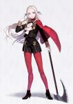  1girl ankle_boots ascot axe black_footwear boots cape closed_mouth commentary edelgard_von_hresvelg fire_emblem fire_emblem:_three_houses floating_hair forehead full_body garreg_mach_monastery_uniform gloves hair_ribbon high_heel_boots high_heels holding holding_axe holding_weapon lips long_hair long_sleeves looking_at_viewer mueririko pantyhose purple_eyes purple_ribbon red_cape red_legwear ribbon shadow silver_hair simple_background solo uniform weapon white_background white_gloves white_neckwear 
