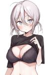  1girl ahoge bangs black_bra black_shirt blush bra breasts cleavage clothes_lift commentary_request eyebrows_visible_through_hair grey_eyes hair_between_eyes hand_up highres large_breasts lifted_by_self looking_at_viewer navel original parted_lips shirt shirt_lift short_hair short_sleeves silver_hair simple_background sinnop10 solo stomach underwear upper_body white_background 