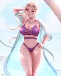  1girl arm_behind_head artist_name bangs bathrobe beach bikini blonde_hair blurry bracelet breasts brown_eyes cleavage curvy day depth_of_field facial_mark forehead_mark hand_on_hip highres jewelry large_breasts long_hair looking_at_viewer makeup mcdobo naruto_(series) navel necklace ocean open_clothes outdoors parted_bangs pink_lips purple_swimsuit red_nails smile solo standing summer swimsuit thick_thighs thighs tsunade_(naruto) water 