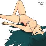  1girl bare_shoulders breasts character_request collarbone covered_nipples dated eyebrows_visible_through_hair green_eyes green_hair long_hair looking_at_viewer navel open_mouth original simple_background small_breasts solo swimsuit tsukudani_(coke-buta) white_background 