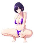  1girl absurdres bangs bare_arms bare_legs bare_shoulders barefoot bikini blush breasts cameltoe cleavage front-tie_bikini front-tie_top halterneck hand_under_clothes hand_under_swimsuit highres large_breasts marui_koishi navel original purple_bikini purple_eyes purple_hair purple_swimsuit short_hair simple_background smile solo spread_legs squatting swimsuit thighs white_background 