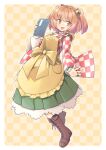  1girl apron arnest bangs bell book boots border bow bright_pupils brown_footwear character_name checkered checkered_background checkered_kimono clothes_writing commentary_request commission cross-laced_footwear eyebrows_visible_through_hair frilled_apron frills full_body green_skirt hair_bell hair_ornament hand_up highres holding holding_book japanese_clothes jingle_bell kimono lace-up_boots long_sleeves looking_at_viewer motoori_kosuzu multiple_sources open_mouth orange_hair outstretched_hand petticoat red_eyes red_kimono rounded_corners shirt short_hair sidelocks skeb_commission skirt smile solo touhou two-tone_kimono two_side_up white_border white_kimono white_shirt yellow_apron yellow_background yellow_bow 