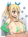  1boy 1girl bangs bikini blonde_hair blue_ribbon blush body_markings border bouncing_breasts breast_squeeze breasts breath brown_eyes cleavage commentary_request cum detached_sleeves eyebrows_visible_through_hair facial fairy_tail flying_sweatdrops hair_ribbon happy_facial hetero highres large_breasts looking_at_another lucy_heartfilia motion_blur motion_lines open_mouth paizuri paizuri_under_clothes ribbon sakidesu00 sidelocks smile solo_focus sound_effects strap_gap sweat swimsuit two_side_up upper_teeth wet white_border yellow_bikini 