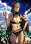  1girl alternate_costume bangs bikini black_bikini black_capelet black_swimsuit blue_eyes blue_hair blue_sky breasts byleth_(fire_emblem) byleth_(fire_emblem)_(female) capelet cleavage closed_mouth cloud collarbone cowboy_shot dagger day eyebrows_visible_through_hair fire_emblem fire_emblem:_three_houses fire_emblem_heroes flower glint groin hair_between_eyes hair_flower hair_ornament hand_on_hip hand_up highres jewelry knife long_hair looking_at_viewer medium_breasts midriff navel necklace ocean outdoors palm_leaf shadow sheath sheathed sidelocks signature single_bare_shoulder sky smile solo standing swimsuit toho10min waist_cape weapon wrist_wrap 