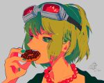  1girl aqua_nails bead_necklace beads collarbone commentary_request dated donut_hole_(vocaloid) doughnut eating eyebrows food food_in_mouth goggles goggles_on_head green_eyes green_hair green_shirt grey_background gumi hand_up highres holding holding_food jewelry looking_away mago_oowarawa nail_polish necklace portrait shirt short_hair signature simple_background solo upper_teeth vocaloid 