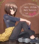  1girl alknasn arm_on_knee bangs birthday black_pants blue-framed_eyewear blue_footwear blue_shirt brown_background brown_eyes brown_hair casual character_name closed_mouth clothes_around_waist commentary cross-laced_footwear dated english_text eyebrows_visible_through_hair girls_und_panzer glasses happy_birthday holding holding_eyewear knee_up long_sleeves looking_at_viewer nishizumi_maho no_socks pants rectangular_eyewear shirt shoes short_hair sitting smile solo tile_floor tiles 