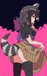  1girl alternate_costume animal_ears ass black_hair black_legwear blouse bow brown_eyes clothes_lift common_raccoon_(kemono_friends) dated extra_ears eyebrows_visible_through_hair fingernails flat_ass from_side grey_hair hand_to_own_mouth hand_up high-waist_skirt highres index_finger_raised kemono_friends lifted_by_self looking_at_viewer medium_hair medium_skirt multicolored_hair nail_polish nanana_(nanana_iz) puffy_short_sleeves puffy_sleeves purple_nails raccoon_ears raccoon_girl raccoon_tail shiny shiny_hair short_sleeves sideways_glance skirt skirt_lift solo tail thighhighs tongue tongue_out 