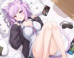  1girl :p absurdres alternate_costume animal_ears bed blush bottomless breasts cameo cat_ears cat_girl cat_tail cellphone cleavage collar eyebrows_visible_through_hair food game_console highres hololive inugami_korone jacket lying nekomata_okayu night_delivery nintendo_switch official_alternate_costume on_back on_bed onigiri open_clothes phone phone_screen pillow purple_eyes purple_hair setsurimu_(pro_viden) sleep_mask slit_pupils tail tongue tongue_out virtual_youtuber 