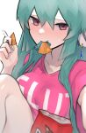  1girl absurdres blush clothes_writing condom condom_in_mouth crumbs daiishori doritos earrings finana_ryugu food food_in_mouth green_hair head_fins highres holding holding_food jewelry long_hair looking_at_viewer mouth_hold nijisanji nijisanji_en pink_shirt purple_eyes shirt simple_background solo virtual_youtuber white_background 