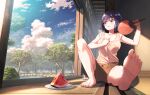  1girl against_wall bangs barefoot blue_eyes blue_hair blue_sky blush breasts brown_shorts brown_tank_top ceiling cleavage cloud commentary day eyebrows_visible_through_hair feet foot_focus foreshortening hand_fan highres holding holding_fan koh_rd medium_breasts open_mouth original plate pond rock short_hair shorts sitting sky sliding_doors soles solo tank_top tatami toes tree watermelon_slice wooden_floor 