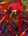  1girl armor bodysuit breastplate breasts cape eyebrows_visible_through_hair eyes_visible_through_hair fate/grand_order fate_(series) hair_between_eyes hair_over_one_eye high_collar holding holding_skull long_hair looking_at_viewer oda_nobunaga_(fate)_(all) oda_nobunaga_(maou_avenger)_(fate) red_cape red_eyes red_hair shaded_face skin_tight skull solo urayura 