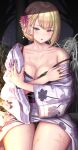  1girl absurdres assault_lily bangs bare_shoulders black_bra black_panties blonde_hair blush bra breasts chin_gero cleavage collarbone eyebrows_visible_through_hair floral_print hair_ornament highres japanese_clothes jewelry kimono large_breasts long_sleeves looking_at_viewer miyagawa_takane off_shoulder official_alternate_costume panties parted_lips purple_kimono ring short_hair sitting solo thighs underwear wide_sleeves yukata 