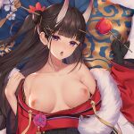  1girl asymmetrical_hair azur_lane bangs bare_shoulders black_gloves blunt_bangs blush breasts breasts_outside brown_hair candy_apple collarbone commentary cropped dakimakura_(medium) drooling eyebrows_visible_through_hair food from_above fur_scarf gloves hair_bun hair_ornament hair_stick hairclip holding holding_food horns japanese_clothes kimono kimono_pull long_hair looking_at_viewer lying medium_breasts nipples no_bra noshiro_(azur_lane) noshiro_(uncharted_festival_grounds?)_(azur_lane) official_alternate_costume on_back oni_horns open_mouth purple_eyes qi_yuan_zhi_yu red_kimono saliva sample side_ponytail solo straight_hair tongue tongue_out upper_body wide_sleeves 