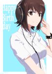  1girl absurdres bangs birthday blue_background border brown_eyes brown_hair closed_mouth commentary dated dress_shirt english_text girls_und_panzer hand_on_headphones happy_birthday headphones highres looking_at_viewer nishizumi_maho oritako outside_border shirt short_hair short_sleeves smile solo upper_body watch white_border white_shirt wing_collar wristwatch 