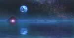  commentary earth_(planet) glowing night night_sky no_humans original planet pyramid reflective_water scenery science_fiction sky star_(sky) starry_sky water yakkunn 