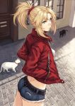  1girl ahoge animal ass belt blonde_hair braid breasts cat cutoffs denim denim_shorts fate/apocrypha fate_(series) french_braid green_eyes hair_ornament hair_scrunchie hands_in_pockets highres jacket looking_to_the_side makimura_shunsuke mordred_(fate) outdoors ponytail red_jacket scrunchie shirt short_shorts shorts solo white_shirt zipper 