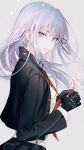 1girl bangs black_gloves black_jacket black_skirt braid closed_mouth danganronpa:_trigger_happy_havoc danganronpa_(series) floating_hair flower from_side gloves gomzi grey_background hair_ornament hair_ribbon hands_up holding holding_flower jacket kirigiri_kyouko long_hair long_sleeves looking_at_viewer looking_to_the_side necktie open_clothes open_jacket petals purple_eyes purple_hair purple_ribbon red_neckwear ribbon shiny shiny_hair shirt side_braid signature single_braid skirt solo upper_body white_flower white_shirt 
