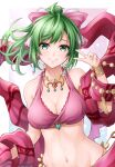  1girl bare_shoulders border bow bra breasts cleavage collarbone cowboy_shot dancer earrings fire_emblem fire_emblem:_genealogy_of_the_holy_war green_eyes green_hair groin hair_bow jewelry lene_(fire_emblem) looking_at_viewer medium_breasts midriff navel necklace red_bra scarf simple_background smile solo ten_(tenchan_man) underwear v 
