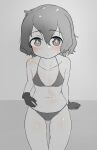  1girl absurdres ass_visible_through_thighs bangs bikini blush breasts chis_(js60216) closed_mouth commentary_request eyebrows_visible_through_hair frown gloves greyscale halterneck hand_on_own_stomach highres kaban_(kemono_friends) kemono_friends looking_at_viewer monochrome short_hair sitting small_breasts solo spot_color string_bikini sweat swimsuit wavy_hair 