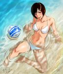  1girl absurdres arm_support ball barefoot beach bikini black_hair blitzball blush breasts brown_eyes cleavage final_fantasy final_fantasy_vii final_fantasy_x forehead_protector from_above halterneck highres looking_at_viewer navel partially_submerged sgk short_hair side-tie_bikini sitting smile solo stomach string_bikini swimsuit water wet white_bikini yuffie_kisaragi 