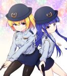  2girls ass-to-ass bangs belt black_headwear black_legwear blonde_hair blue_shirt blue_skirt blunt_bangs commentary_request female_service_cap furude_rika gun handgun hat hazumi_otoya highres higurashi_no_naku_koro_ni houjou_satoko long_hair multiple_girls pantyhose police police_uniform policewoman purple_eyes purple_hair shirt short_hair skirt smile uniform weapon 