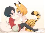  2girls all_fours animal_ears arm_support bangs black_hair black_legwear blonde_hair bow bowtie chis_(js60216) closed_eyes commentary food from_side grey_shorts hand_on_another&#039;s_face heart high-waist_skirt highres kaban_(kemono_friends) kemono_friends kneeling leaning_back leaning_forward legwear_under_shorts miniskirt mouth_hold multiple_girls no_gloves no_shoes on_bed pantyhose pillow pocky pocky_kiss print_legwear print_neckwear print_skirt red_shirt serval_(kemono_friends) serval_print shirt short_hair short_sleeves shorts sitting skirt sleeveless sleeveless_shirt tail thighhighs translated white_shirt yellow_eyes yellow_legwear yellow_neckwear yellow_skirt yuri 