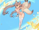  1girl :3 ;d animal_ears arm_up armpits bent_over bikini blue_background blush_stickers borscht_(artist) bug butterfly choker commission crossed_ankles earrings fang flat_chest fox_ears fox_tail front-tie_bikini front-tie_top green_eyes highres insect jewelry long_hair long_legs mabinogi multiple_tails navel one_eye_closed open_mouth ribbon side-tie_bikini simple_background smile solo string_bikini swimsuit tail thighhighs twintails very_long_hair w white_bikini white_legwear wrist_ribbon 