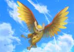  alternate_color brown_eyes cloud commentary_request day full_body gen_2_pokemon highres kikuyoshi_(tracco) looking_down no_humans noctowl outdoors pokemon pokemon_(creature) shiny_pokemon signature sky solo talons 