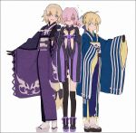  3girls :d ahoge alternate_costume animal_on_shoulder artoria_pendragon_(fate) asymmetrical_legwear bangs black_legwear blonde_hair blue_kimono bow bow_hairband braid braided_bun fate/grand_order fate_(series) flying_sweatdrops fou_(fate) hair_bow hair_over_one_eye hairband hakusai_(tiahszld) japanese_clothes jeanne_d&#039;arc_(fate) jeanne_d&#039;arc_(fate)_(all) kimono kneehighs long_sleeves looking_at_viewer mash_kyrielight mismatched_legwear multiple_girls obi obijime okobo open_mouth purple_footwear purple_hair purple_kimono saber sash single_kneehigh single_thighhigh smile tabi thighhighs w_arms white_bow white_hairband white_legwear white_sash wide_sleeves 