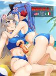  2girls alternate_hairstyle american_flag angry ass beach beach_volleyball between_breasts bikini blue_bikini blue_hair blue_sky bottle breasts cleavage_cutout clothing_cutout cloud cloudy_sky grey_eyes highres italian_flag kantai_collection large_breasts long_hair multiple_girls nikku_(nzaf5832) official_alternate_costume palm_tree red_hair sand silver_hair sitting sky south_dakota_(kancolle) swimsuit tree visor_cap volleyball washington_(kancolle) water_bottle white_hair 